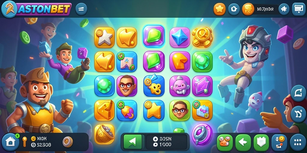 Screenshot gameplay ASTONBET menampilkan aksi mencocokkan item berwarna-warni.
