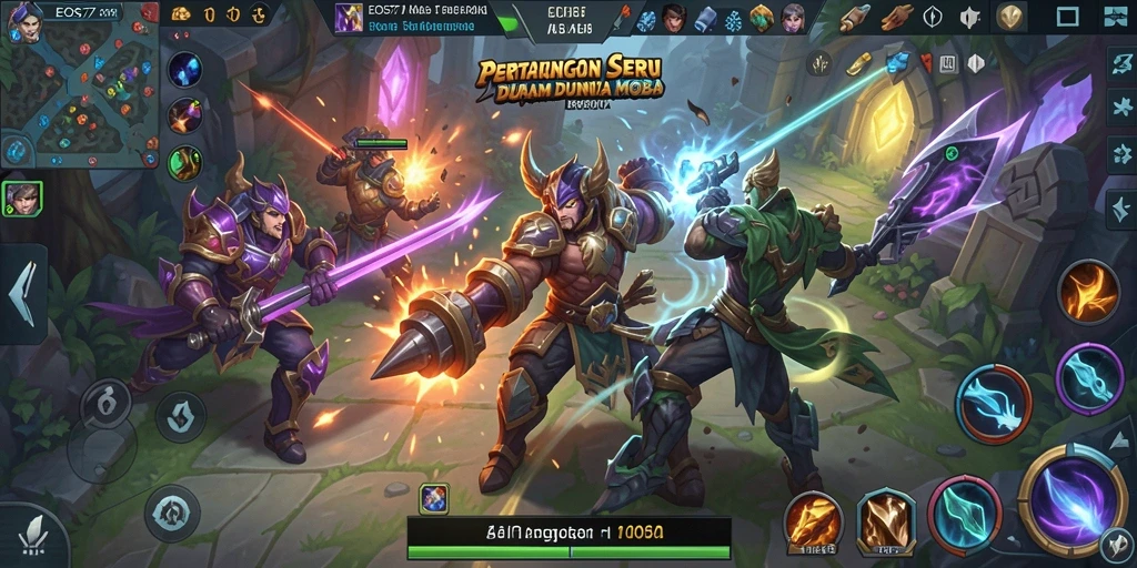 Skrinsut gameplay EOS77, menampilkan aksi seru dalam pertempuran MOBA.