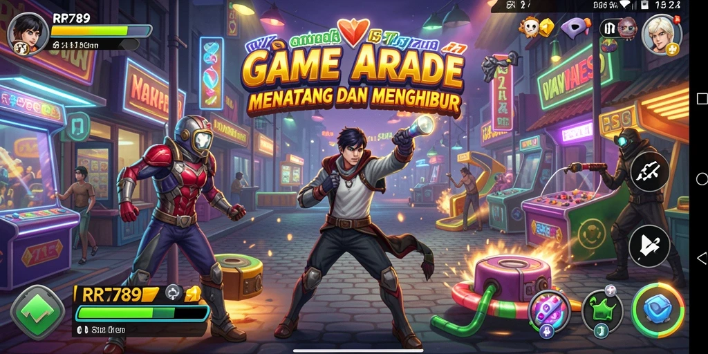 Screenshot RR789 menampilkan aksi gameplay Arcade yang intens dan penuh warna.